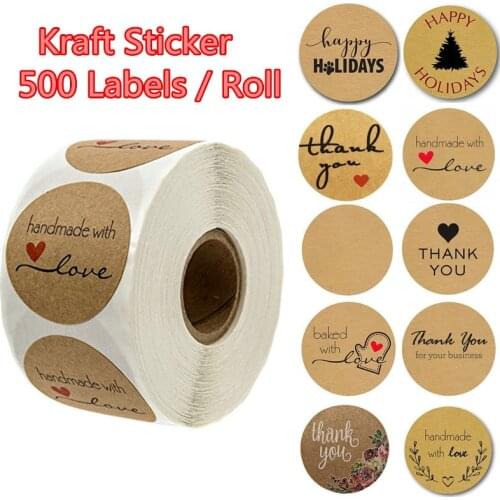 Multiple Styles 500 Labels per roll Round Natural Kraft Sticker seal labes Hand Made With Love Stickers Paper Stationery sticker