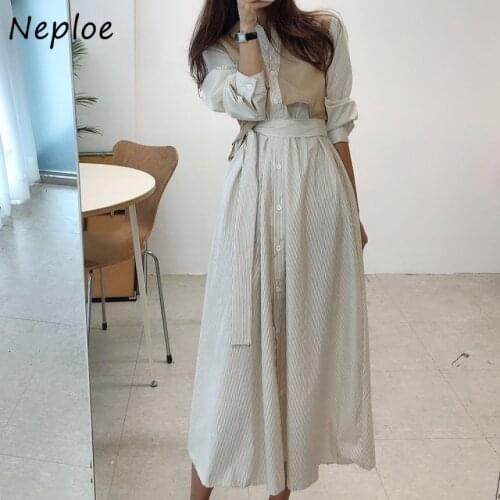 Neploe Turn Down Collar Long Sleeve Single Breast Dress Women Fashion Fake 2 Pcs Patchwork Vestidos Spring 2021 New Robe