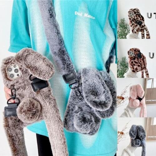 Rabbit Ears Fluffy Fuzzy Plush Necklace Lanyard Phone Case For Xiaomi Mi Note10 11 10 9 8 9T 6X 5X F1 F2 F3 Redmi Note 6 6A K40
