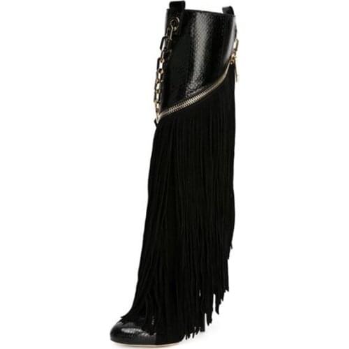 2018 Newest Design Black Fringe Knee High Boots Sexy Snakeskin Suede Patchwork Dress Boots Chain Decorated Thin High Heel Boots