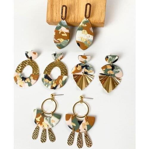 Clay Earrings Fashion Jewelry Gold Leaf Big Geometric Originality Marble Pattern Morandi Color Drop Dangle Polymer Clay Earrings