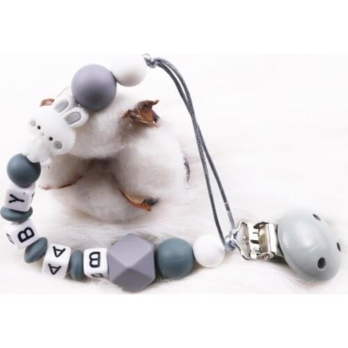 Rabbit Silicone Beads Soother Chain Personalised Name Baby Pacifier Clips Newborn Baby Wooden Pacifier Holder Anti-drop Chains