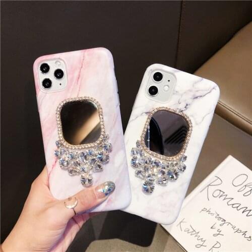 Hot Korea Rhinestones diamond Makeup mirror Soft silicon phone case for iphone 7 8 Plus X XS XR MAX 11 Pro 12 marble gem cover