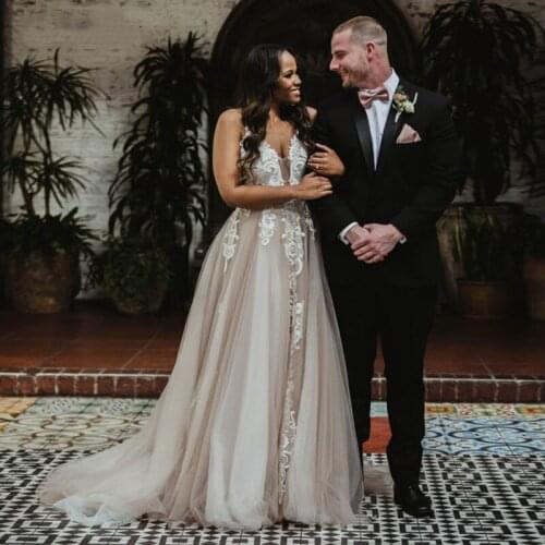 Boho champagne Wedding Dress 2021 Spaghetti straps Lace Appliques Sexy V Neck Backless Bride Dress Robe De Mariee