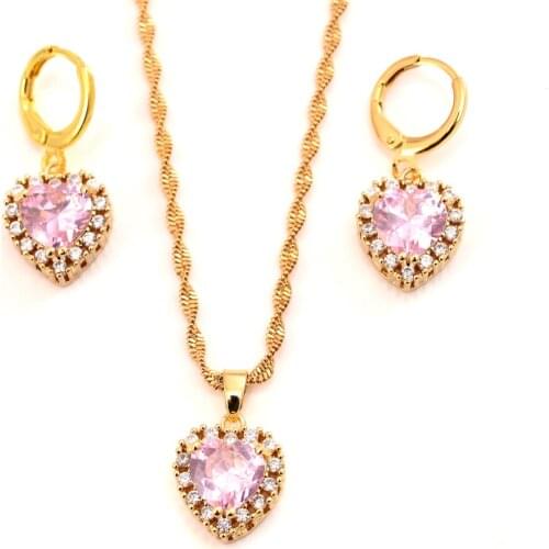 Hot Sale copper jewelry Sets CZ pink crystal Fashion Heart Jewelry sets Women Valentines Day wedding bridal party present gift