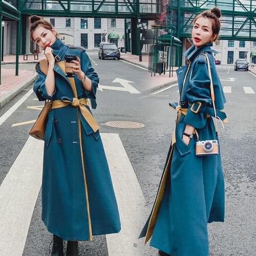 2021 New Spring Autumn Windbreaker Workwear Womens British Mid-length Blue Korean Drape Trench Coats 60A
