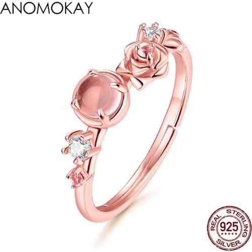 Anomokay Romantic Pink CZ Rose Flower Rings for Women Lovers Mom Luxury Jewelry Gift 100% Sterling 925 Silver Free Size Rings