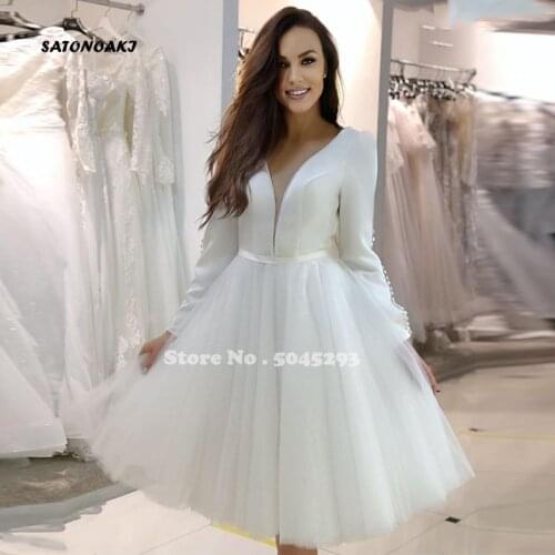 New Short Wedding Dress 2021 Long Sleeve White Satin Tulle Bridal Gowns Sexy Deep V-Neck Knee Length Vestido De Novia Undefined