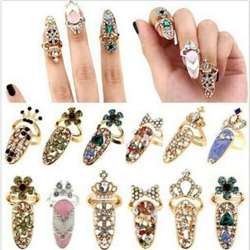 1Pcs-12colors Opening Inlaid Diamond Nail Cover Charms Tail Ring/Joint Ring Manicure Gems 3D Alloy Nail Rhinestones