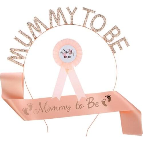 3Pcs Gender Reveal Baby Shower Party Decor Supplies Mommy To Be Sash Tiara and Daddy To Be Badge Pin Set Blue Pink Favor Gifts