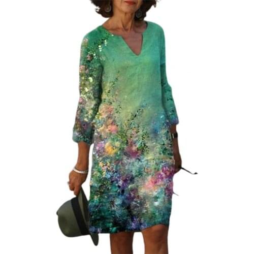 50% Hot Sales!!! Knee-length V-neck Slim Floral Print Half Sleeve Women Dress Streetwear for Party