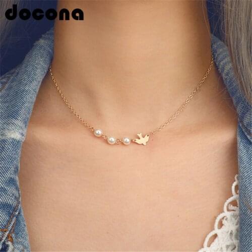 Docona Bohemia Gold Bird Pendant Necklace Multilayered Pearl Gold Chain Necklace for Women Collar Chocker Statement Jewelry 6723