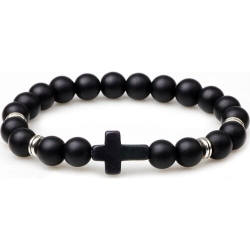 Fashion Lava Cross Beads Men Bracelets Matte Onyx Bangles Luxury Natural Stone Strand Charm Bracelet Women Jewelry Gift