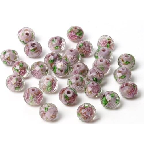 10mm Murano Transparent Faceted Rondelle Purple Flower Lampwork Crystal Glass Beads for Jewelry DIY Making Bracelet