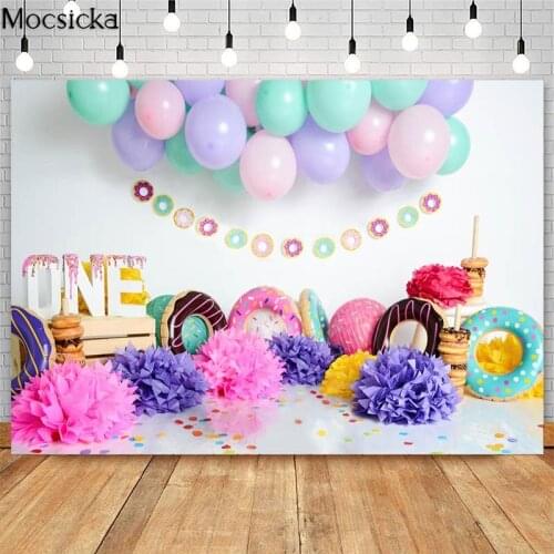 Sweet Donut Photography Backdrops for Girl 1st Birthday Cake Smash Photocall Background Photo Studio Balloon Flower Photoshoot