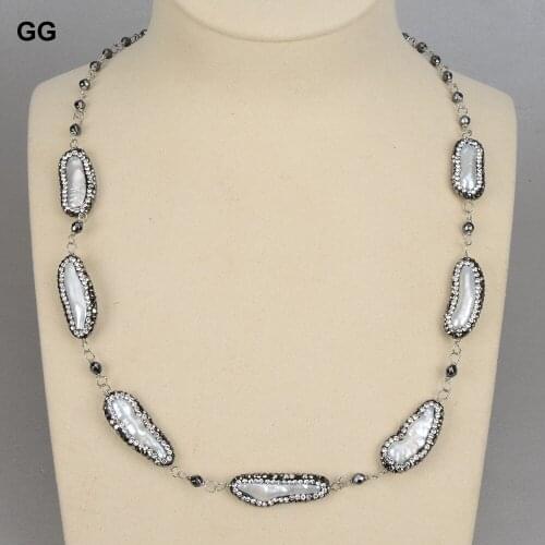 GG Jewelry Natural White Biwa Keshi Pearl Black Marcasite Faceted Round Hematite Necklace For Women