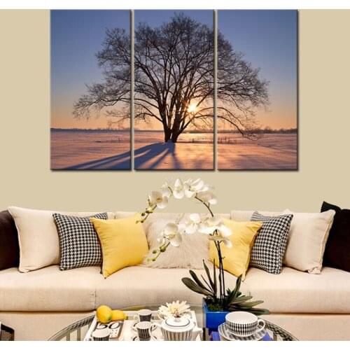 The Tree in Sunrise Artwork Giclee Landscape Canvas Prints for Home Decorations 3 Panels Landscape Wall Art Pictures Unframed
