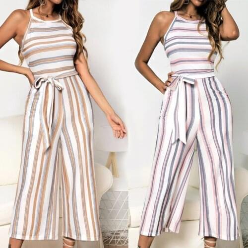 Jumpsuit Women 2020 Fashion Casual Sleeveless Multicolor Striped Rompers Clubwear Wide Leg Calf-Length Pants Outfit Playsuits