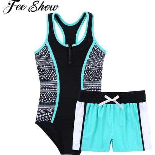 2Pcs Kids Girls Brazilian Swimming Suits One-piece Sleeveless Racer Back Jumpsuit and Boyshorts Set Beach Swimwear Bathing Suits