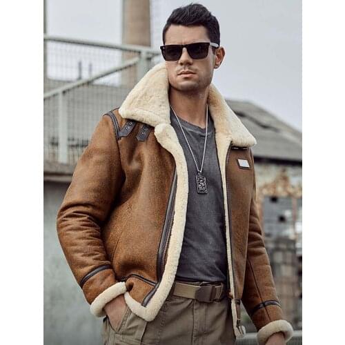 New Shearling Coat Mens B3 Bomber Jacket Brown Leather Jacket Short Fur Coat Mens Winter Coats Natural Sheepskin Coat