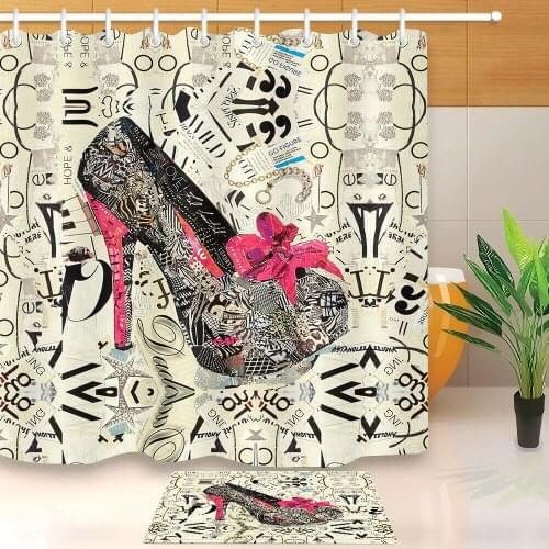 Fashion High Heels Fabric Shower Curtain Set Bathroom Curtains with Hooks