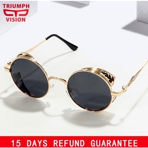 TRIUMPH VISION Round Sunglasses Men Polarized Vintage Carving Gold Sun Glasses For Men Retro Style Shades Steampunk Oculos Male