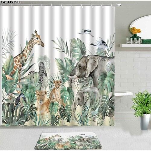 Wild Animal Lion Elephant Giraffe Zebra Shower Curtains Set Bath Mat Rugs Luxury Polyester Cloth Bathroom Decor Non-slip Carpet
