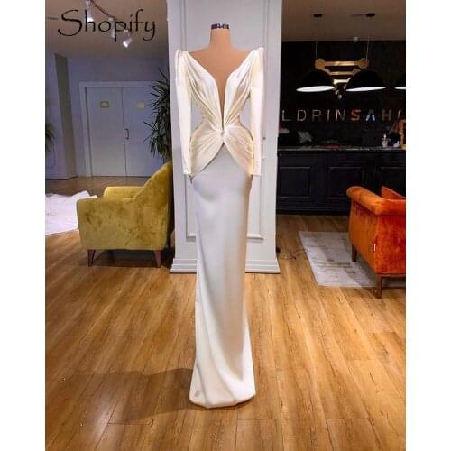Simple Long Evening Dresses 2021 Skinny V-neck Long Sleeve Pleat Ivory Satin African Women Formal Party Gowns