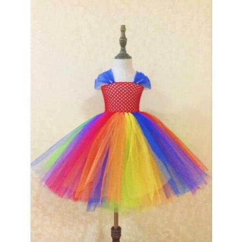 Rainbow Color Girls Crochet Tutu Dress Kids 2Layers Ball Gown Tulle Dresses with Daisy Headband Children Costume Party Tutus