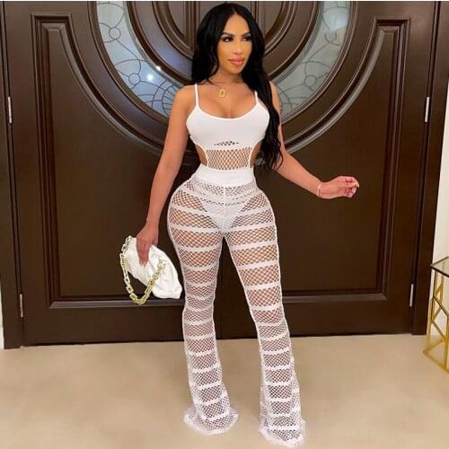 Sexy 2 Piece Set Women Club Wear Festival Outfits White Mesh See-through Hollow Out Bodysuit Top and Flare Pants Matching Sets