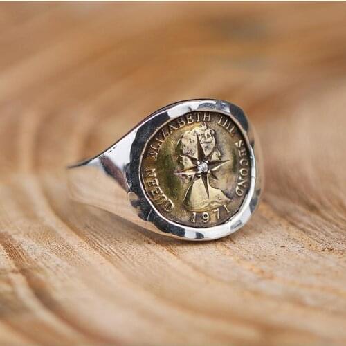 New Design Handmade Ray Point Coin Silver Ring Fashion Trend Elizabeth Brass Coin Opening Adjustable Ring Jewelry Accessories