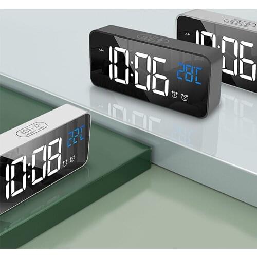 LED Mirror Alarm Clock Sound-Activated Clock Rechargeable Bedside Music Clock Dual Alarms Snooze function Temperature Display