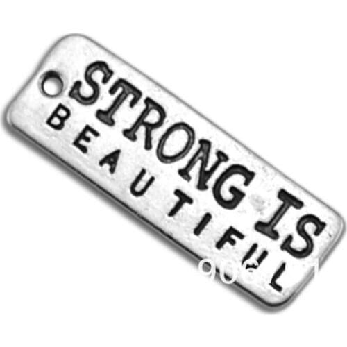 Engraved Letter Strong Is Beautiful Rectangle Fitness Charm Jewelry