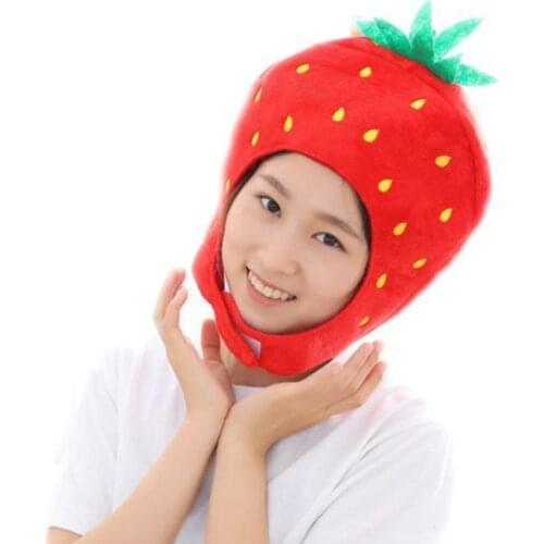 Japanese Sweet Women Girls Funny Strawberry Plush Hat Embroidery Fruits Hood Cap Mask Party Cosplay Costume Photo Props Toys