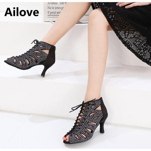 Ailove Social Ballroom Dance Ankle-High Boots Crystals Latin Salsa Tango Professional Dancing Shoes S071