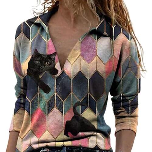 Women T-Shirts Geometric Hexagon Print Long Sleeve Turn Down Collar T-shirt Womens Clothing camisetas de mujer футболка женский