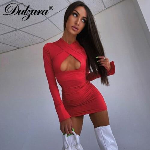 Dulzura 2021 Autumn Winter Women Solid Ruched Flare Long Sleeve Hollow Out Mini Dress Cross Bodycon Sexy Streetwear Club Clothes