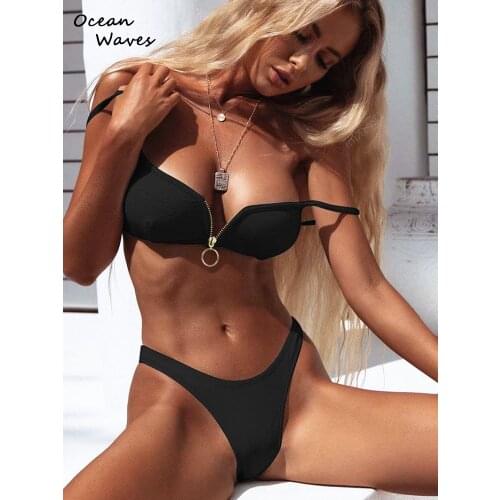 2021 Summer Women Zipper Bikini Set Sexy Push Up Solid Swimwear Brazilian Swimsuit Bathing Suit Beachwear Female Black Tankini