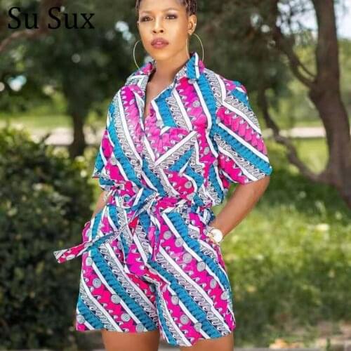 African Clothes Dashiki 2 Piece Set Women Africa Clothing Pint Turn Down Collar Shirt Top and Short Pants Sets Tracksuit 2021