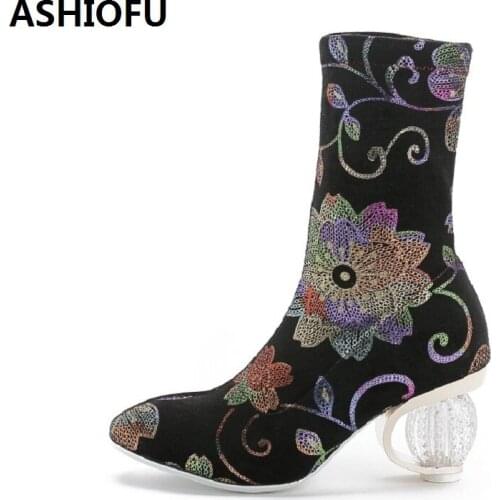 ASHIOFU New Retro Womens High Heel Boots Flower Leather Sweet Party Prom Ankle Boots Crystal Evening Fashion Short Boots Shoes