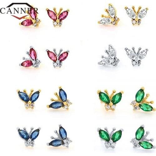 CANNER Real 925 Sterling Silver Stud Earrings For Women Colorful Diamond Zircon Butterfly Piercing Earring Jewelry Pendientes