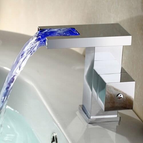 Free shipping Color Changing LED Waterfall Bathroom Sink square Faucet