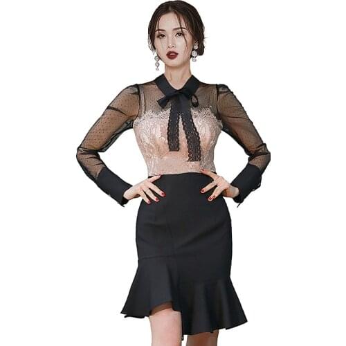 Black lace Tight Dress one piece korean ladies Long SLeeve Bow neck Office Formal night CLub irregular party Dresses for women