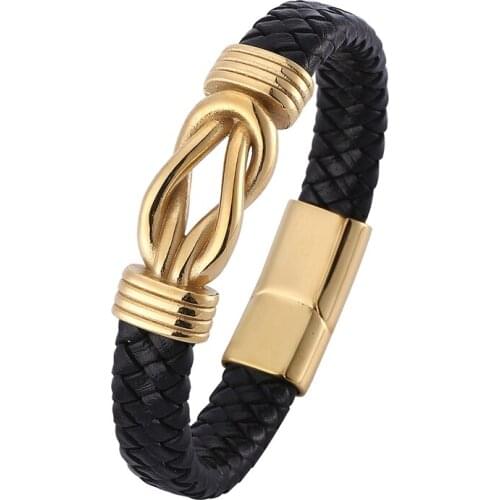 Punk Black Leather Men Bracelet Stainless Steel Unique Cross Knot Shape Wristband Magnet Buckle Bracelets Male Party Gift PD0749