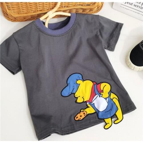 Baby Cotton Spring and Summer New Boy Embroidery Cartoon T Shirt Kids Gray Childrens Short-sleeved T-shirt Korean Ins Top Tees