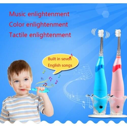 Kids Sonic Toothbrush Electric Brush Waterproof Musical Dolphin Shape LED Light 2 Minutes Remind Dental Care for Ages 3+ Years