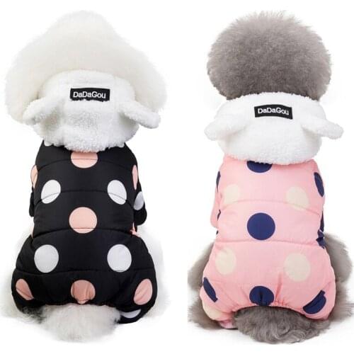 Polka Dot Winter Dog Jumpsuit Cold Weather Fleece Hooded Coat Warm Cotton Padded Outfit Puppy Clothes Overalls for Small Dogs