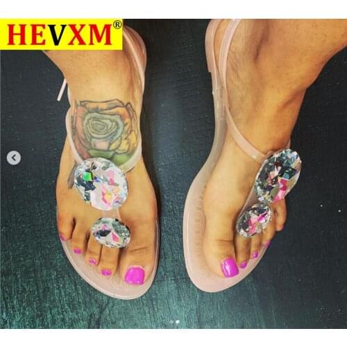 HEVXM 2020 Rhinestone Toe Ring Summer Flat Sandals Women Hot Fashion Open Toe Flip Flops Slides Slip On Beach Shoes De Mujer