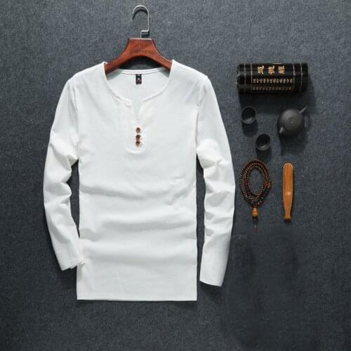 2021 New Mens Linen V Neck Button T shirts Male Solid Color Long Sleeves Casual Cotton Linen tshirt Tops M-9XL