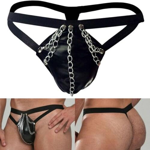 Mens Sexy Briefs Bandage Artificial Leather T-Back Underwear G-String Thong Underpants Boxers Men Ring Open Crotch Personality